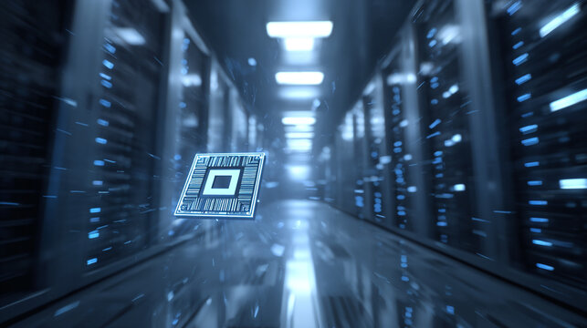 Low Angle Hero Shot of a Levitating Microchip Icon in a Futuristic Server Room with Glowing Elements