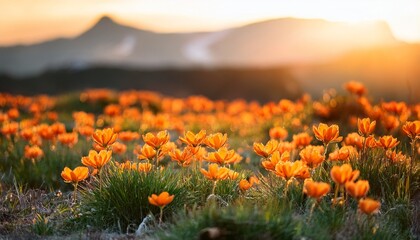 vibrant orange flowers bloom in a serene field under the soft morning light in early spring