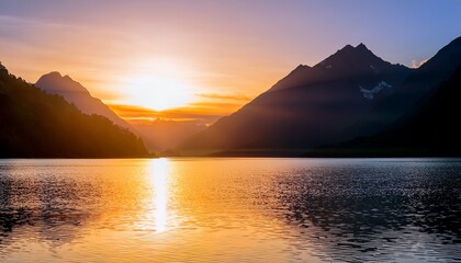 Fototapeta premium soft light of radiant sunrise over calm waters with mountains
