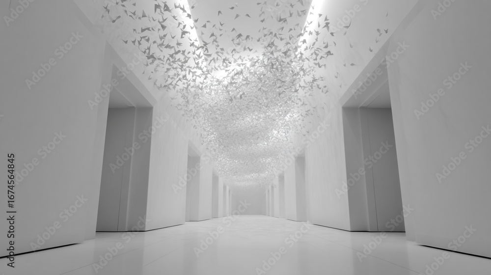 Poster minimalist corridor with levitating arrows and abstract design elements in monochrome setting