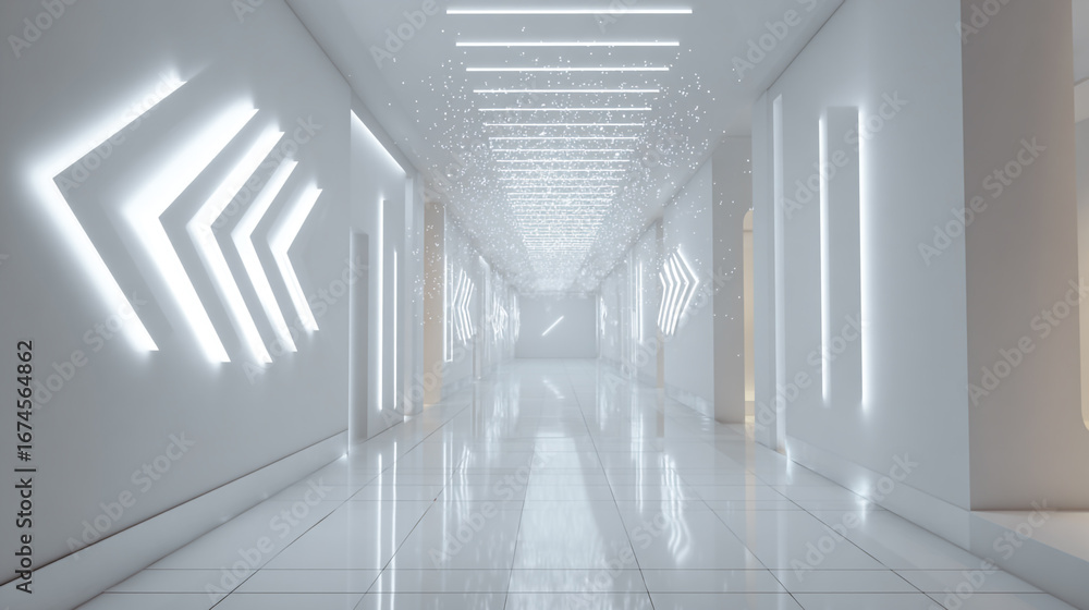 Poster bright and modern corridor with minimalist design featuring levitating arrows and soft lighting effe