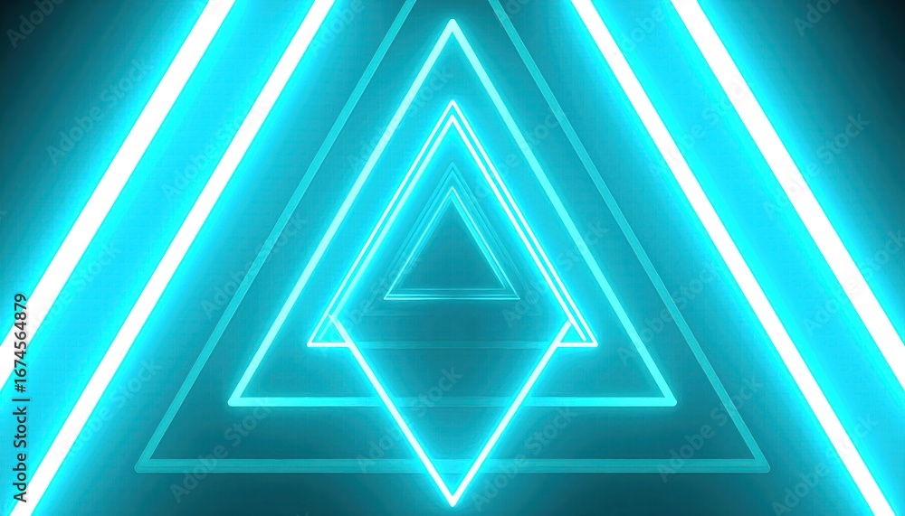 Poster abstract geometric neon triangle tunnel design illuminated with cyan lights