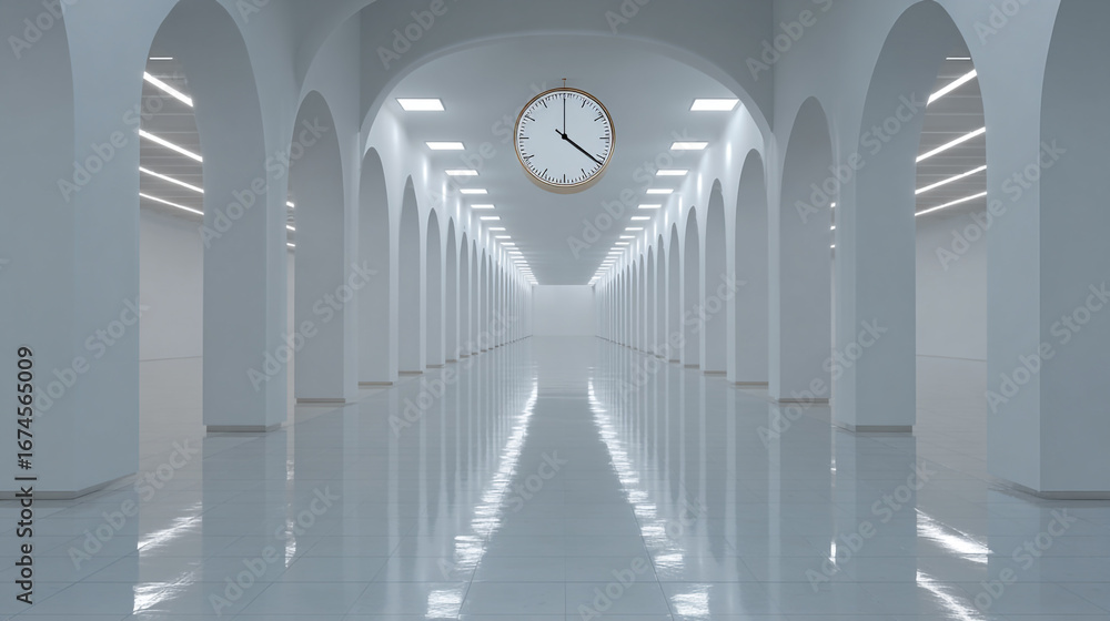 Poster minimalist corridor with arched architecture and floating clock dial emphasizing clean lines and ser