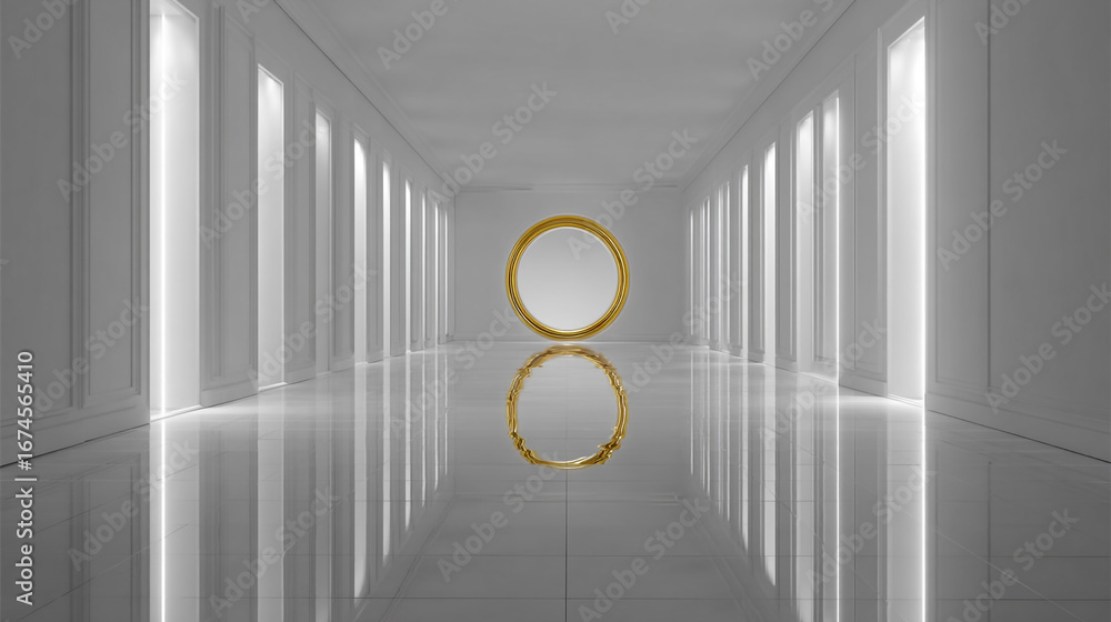 Aufkleber minimalist grey corridor with floating ellipse ring and reflective surfaces enhancing depth and tran