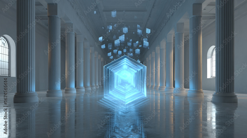 Poster minimalist hall with holographic elements and retrieval arrows converging in a modern architectural 