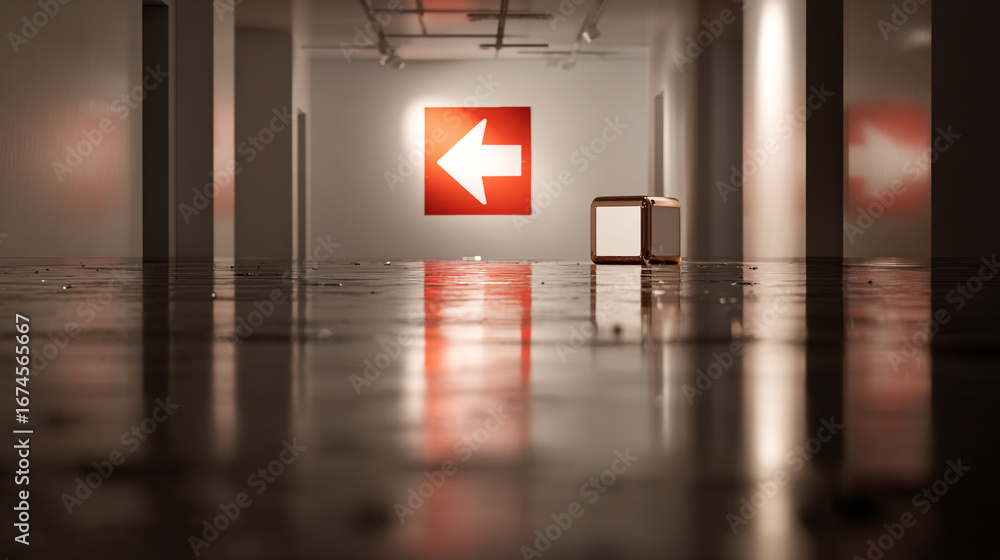 Poster minimalistic hallway featuring levitating arrow and abstract art elements in a contemporary gallery 