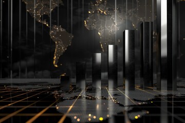 Visual representation of global financial markets with world map and illuminated bar graphs depicting data trends.