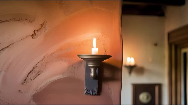 Candlelight's Warmth: A solitary candle casts a soft, inviting glow in a vintage setting, illuminating the rustic texture of the wall and creating an atmosphere of peaceful reflection.