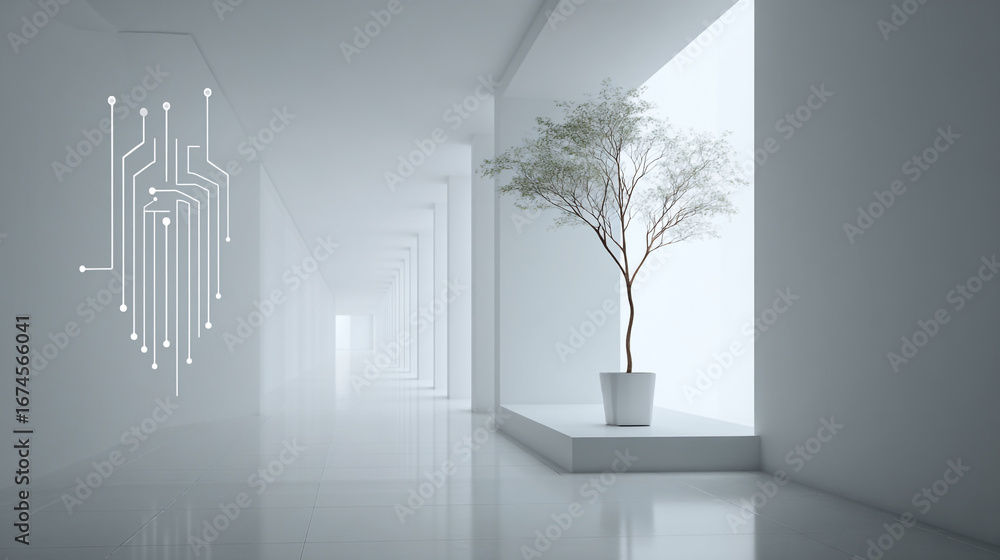 Poster minimal white corridor with levitating circuit tree symbol in a modern futuristic space