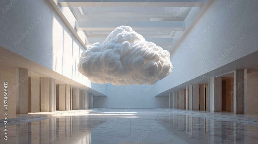Poster minimalistic white hall with levitating cloud representing data and cloud computing concepts in mode