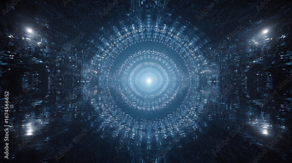 Poster infinite reflections in a walled bay mirror creating floating light patterns in a dazzling digital s