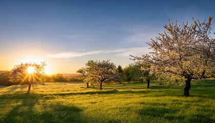 Obraz premium blossoming trees at sunrise with sunlight filtering through and illuminating a grassy field