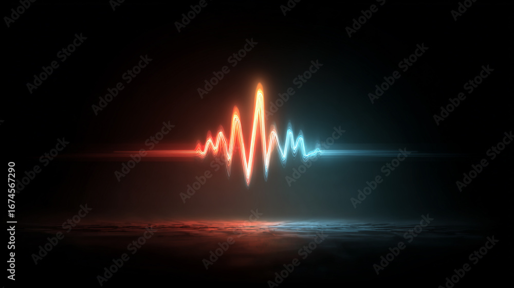 Poster moody abstract visualization of floating heartbeat signal with glowing waves in a dark hall setting,