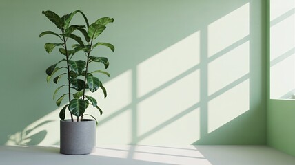 Lush potted fiddle leaf fig tree basking in warm sunlight casting geometric shadows on a serene mint green wall, evoking modern tranquility and natural elegance