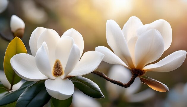 delicate and beautiful white magnolia flowers with soft velvety petals against a softly blurred background
