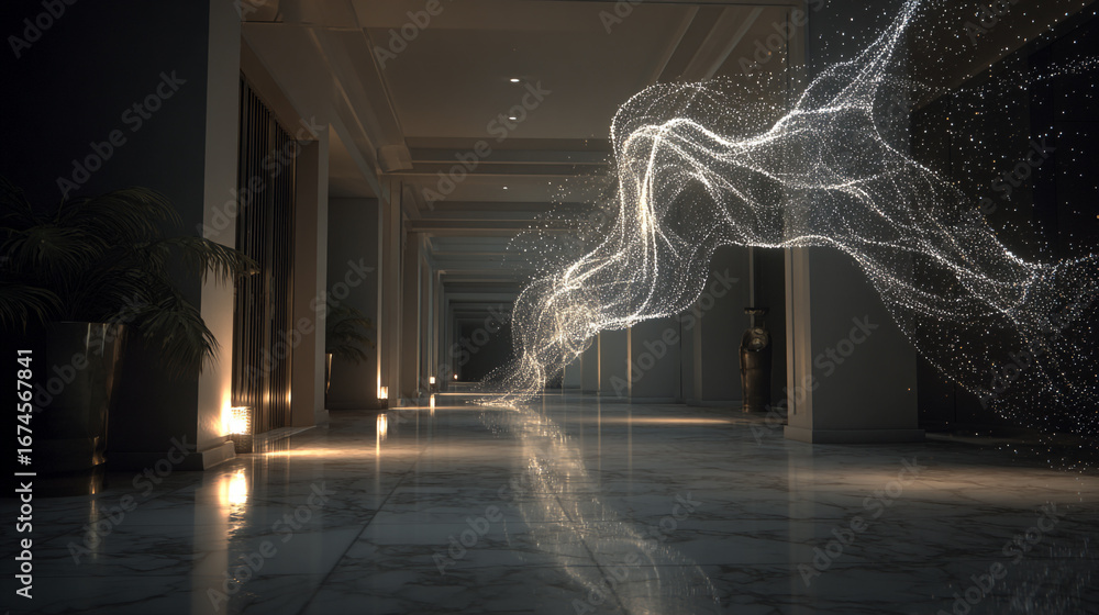 Poster ethereal light ribbon floating through a dimly lit corridor at night, illuminating the smooth surfac