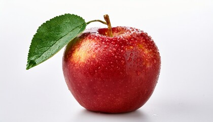 fresh red apple with water drops and leaf isolated on white background perfect for healthy eating and nutrition themes