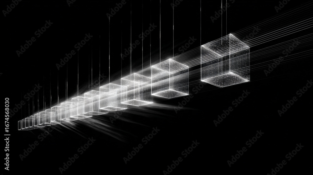 Poster abstract oblique corridor view featuring holographic transformations and geometric elements emitting