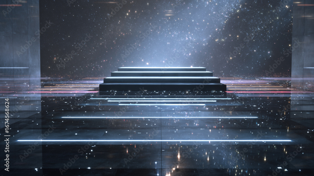 Poster ethereal aisle illuminated by strips of light leading to a hovering structure in a cosmic environmen