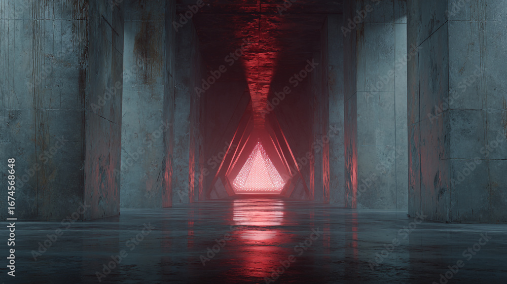Poster aisle with glowing prism core at the end illuminating concrete surroundings in a futuristic setting