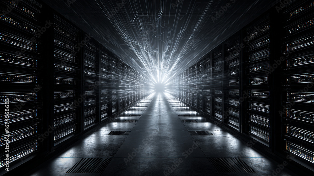 Poster a thrilling view down a futuristic data center aisle with black racks and circuits hovering in a clo