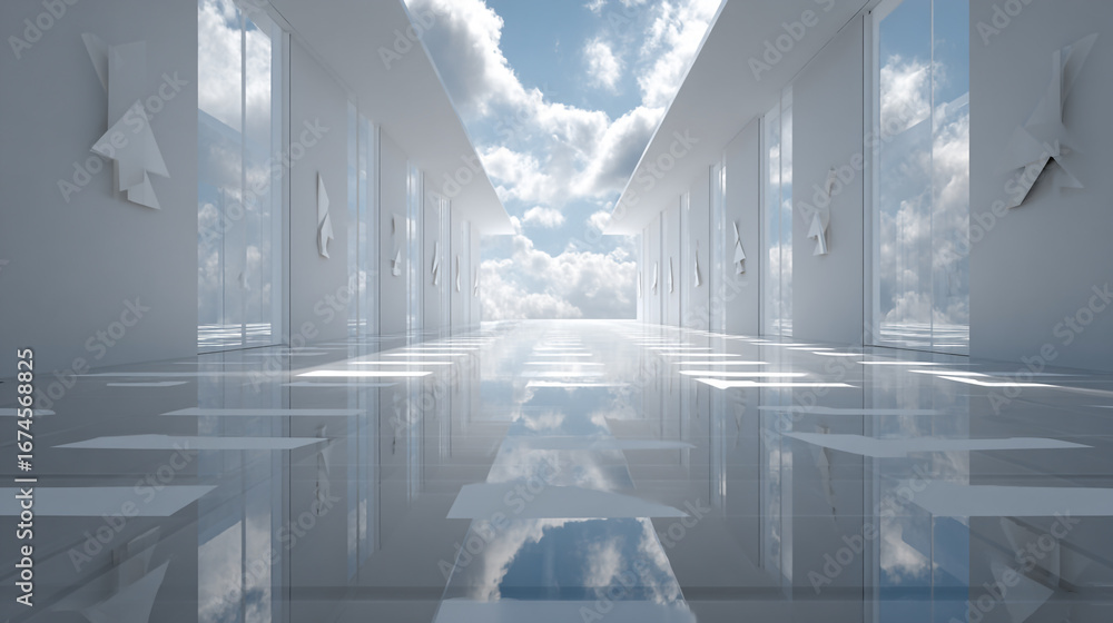 Poster aisle with floating clouds above mirrored floor and arrows, creating a dreamlike atmosphere in an un