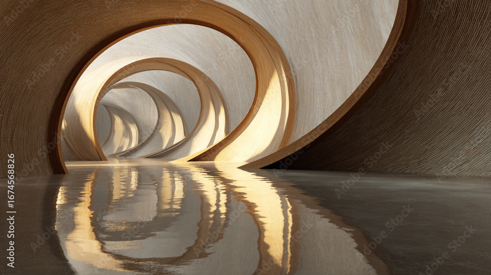 Poster unique aisle perspective with floating wooden curves and smooth reflections in serene environment