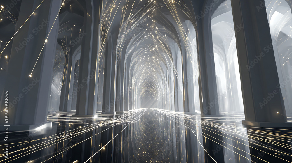 Poster aisle of light with floating arrows on a route map in a mystical space with reflections and glowing 