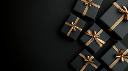 Black gift boxes with gold ribbons on dark background