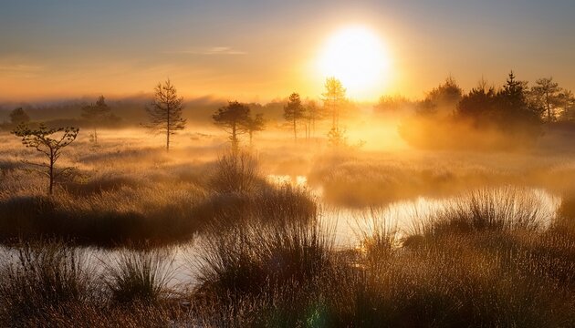 cinematic dawn over hidden wetlands with golden mist