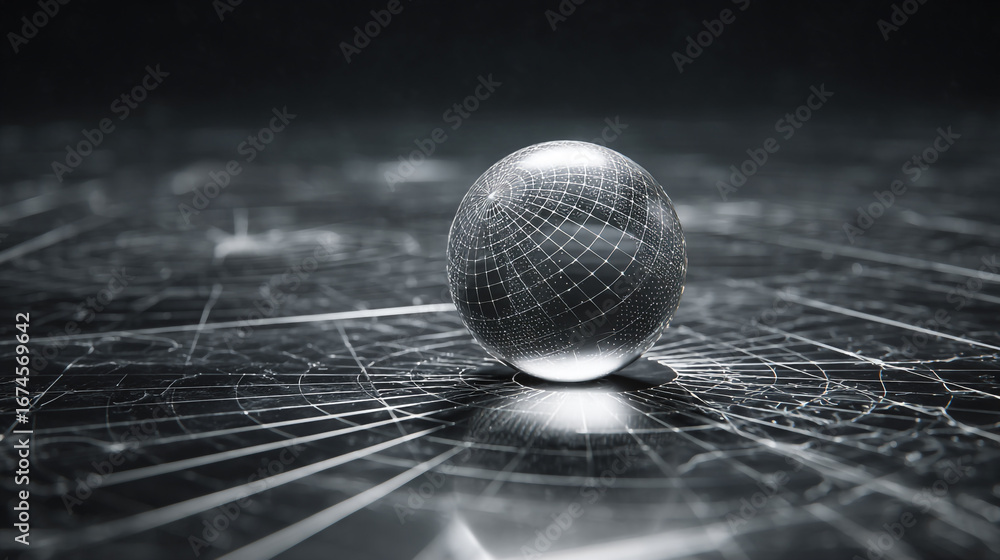 Poster reflective black glass globe floating on mesh pattern floor with intricate details and stunning refl