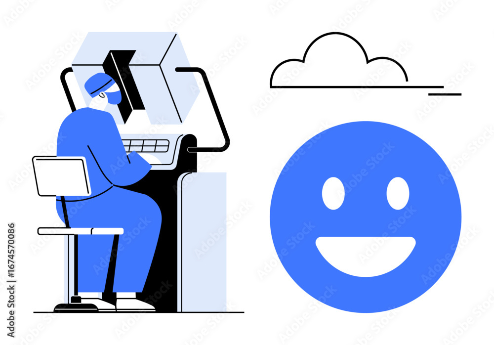 Aufkleber person using computer, typing at desk with cloud and happy face indicating cloud concepts, positivit