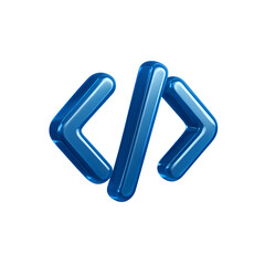 Obraz premium Blue Code Symbol Shiny Rendering on Black Background Representing Computer Programming, Software Development, and Web Development Concepts and Themes