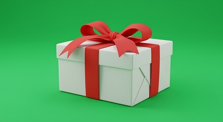 White Gift Box with Red Ribbon 3D Render present bow green backg