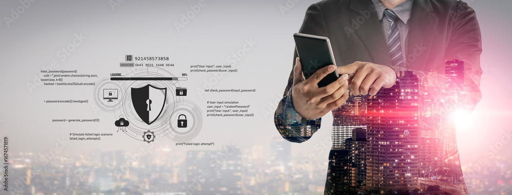 Poster cyber security protects against breaches, hacks, and network attacks using strong infrastructure and