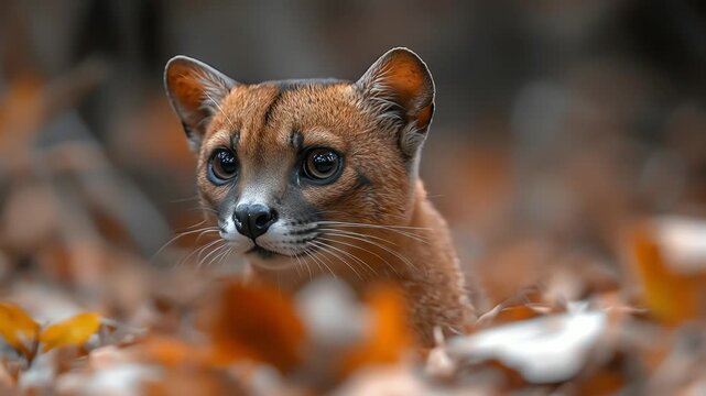 Rusty-Spotted Cat Hidden in Autumn Leaves.