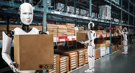 Innovative industry robot working in warehouse for human labor replacement . Concept of artificial...
