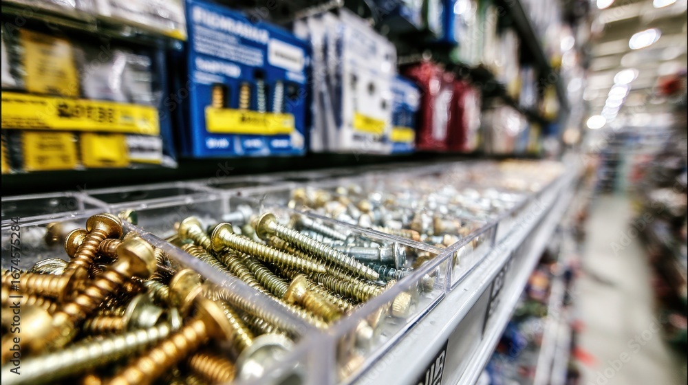 Poster brass screws displayed in crisp focus against a softly blurred retail shelf filled with assorted har