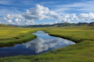 Serene Meandering Stream in Bayanbulak's Verdant Meadows, Mirroring Azure Skies and Wispy Clouds - A Tranquil Pastoral Landscape