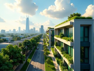 A city street lined with green plants on buildings and Tokyo Skytree visible under a partly cloudy sky.