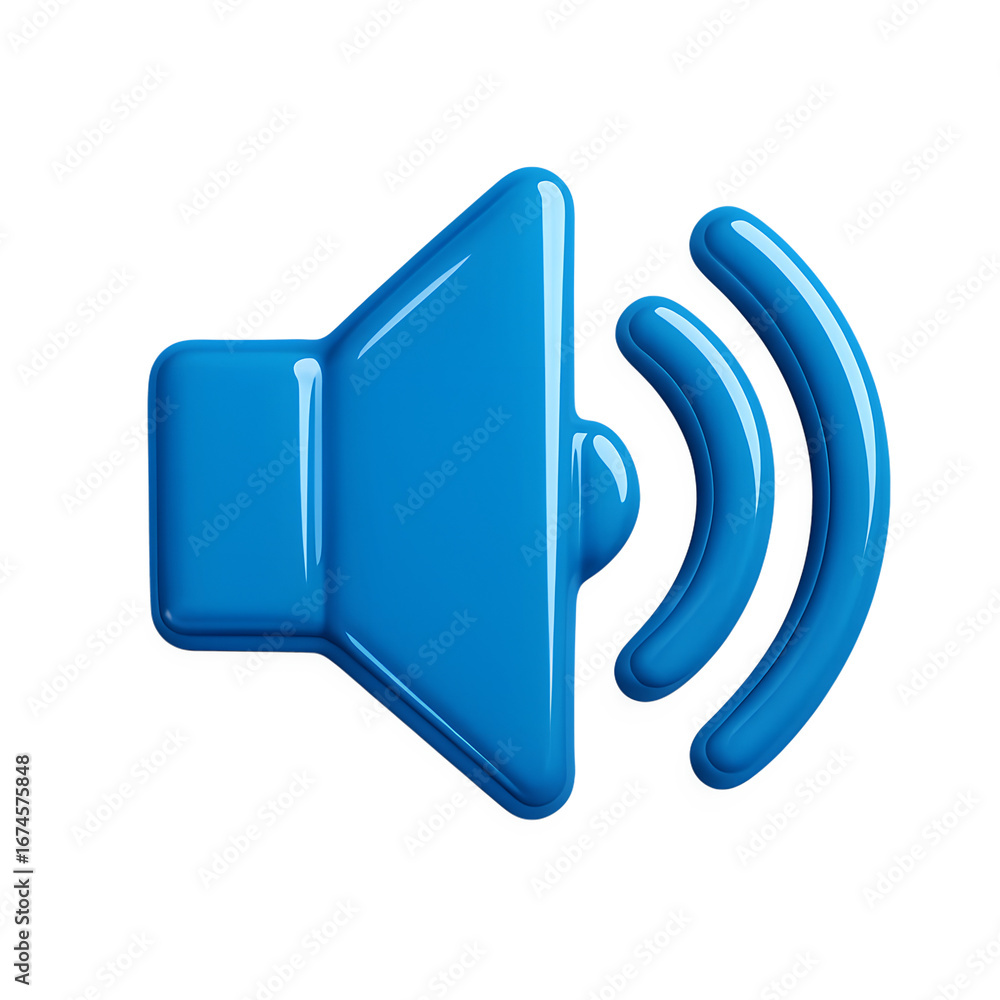 Poster vibrant blue speaker icon depicting sound waves and volume on a transparent backdrop, ideal for user