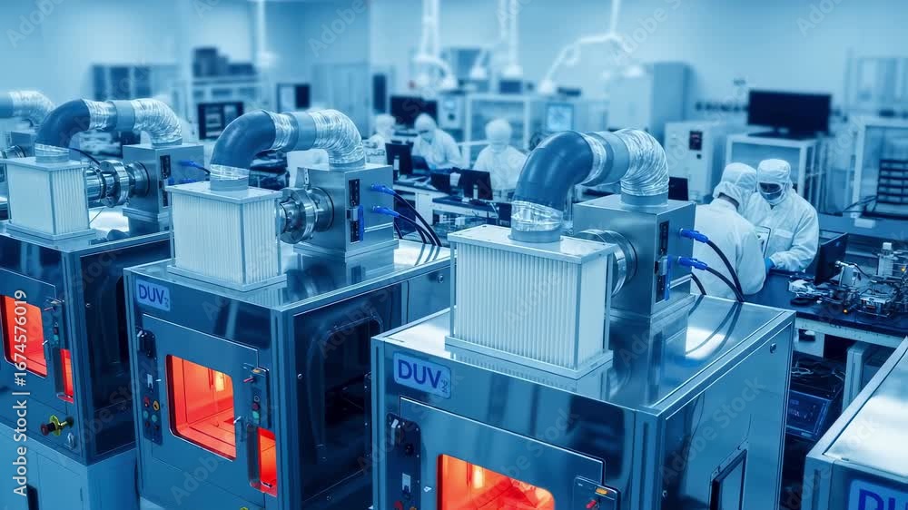 Poster clean lab environment with brightly lit deepultraviolet laser crystal growth furnaces arranged for o