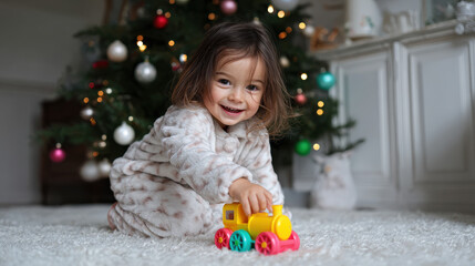 adorable child joyfully pushes colorful toy train under beautifully decorated christmas tree