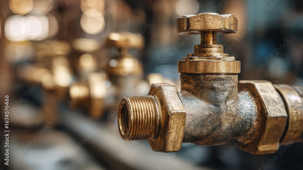 Aufkleber medium shot of brass pipe fittings connected with valves showcasing durable metallic texture and int