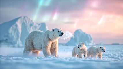 Polar Bear Family Under the Northern Lights in the Arctic