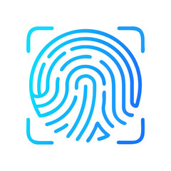 Vector icon of a biometric fingerprint with scanning lines, futuristic neon blue style, security concept, isolated.
