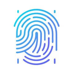 Vector icon of a biometric fingerprint with scanning lines, futuristic neon blue style, security concept, isolated.