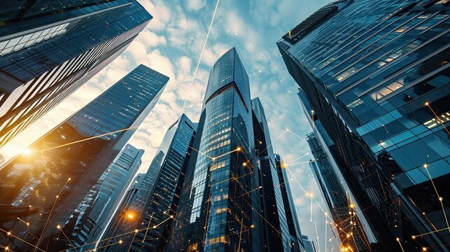 Big modern city city skyscraper downtown, digital interface with line connection.