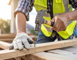 Construction Worker Hammering Nail into Wood