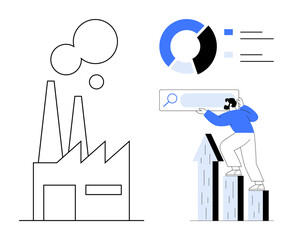 Factory with smokestacks alongside person analyzing search trends on bar graph, data pie chart. Ideal for industry, technology, analytics, sustainability, growth, innovation efficiency. Simple flat